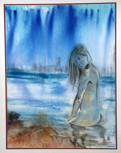 A288-Baignade bleue-Aquarelle: 64x49 (80x60)-600�