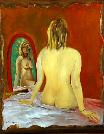 Ref:H386-Dialogue avec un miroir-Huile sur toile: 65x54-500�