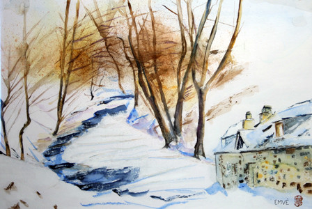 A136-Neige en rive-Aquarelle: 40x60 (50x70)-450�