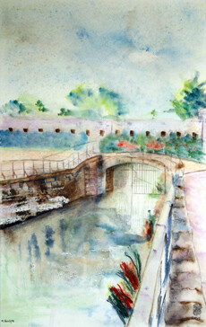 A213-Bergues-Entr&eacute;e ouest-Aquarelle: 55x35 (70x50)-450�