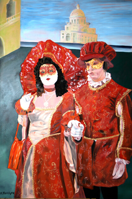 Ref:H407-Couple &agrave; l'ombrelle(Carnaval)-Huile: 120x80-900�