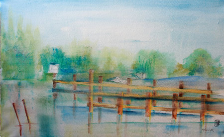 Ref:A445-Halte nautique-Aquarelle: 38x61-ND