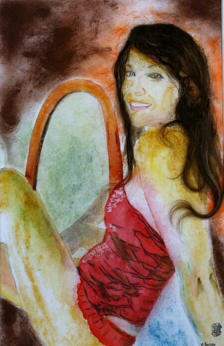 Le bustier rouge-Aquarelle: 54x44 (70x50)-450�