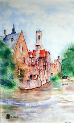 A191-Bruges par les canaux N&deg;10-Aquarelle: 50x30 (70x50)-450�