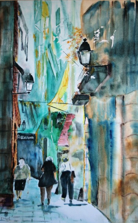 Ref:A120-Rue &agrave; Barcelone-Aquarelle: 90x60-1000�