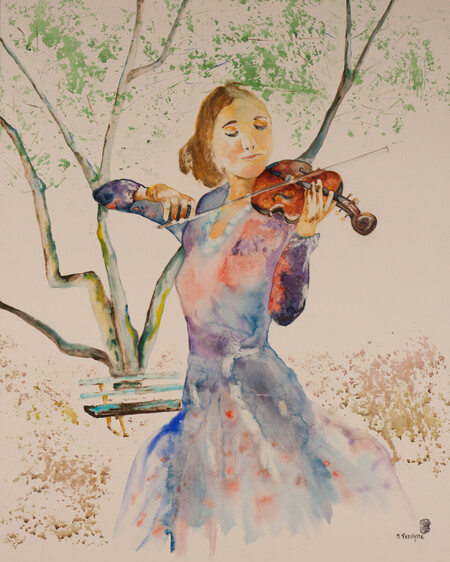 Réf: A484-Un violon dans le jardin-Aquarelle 81x65