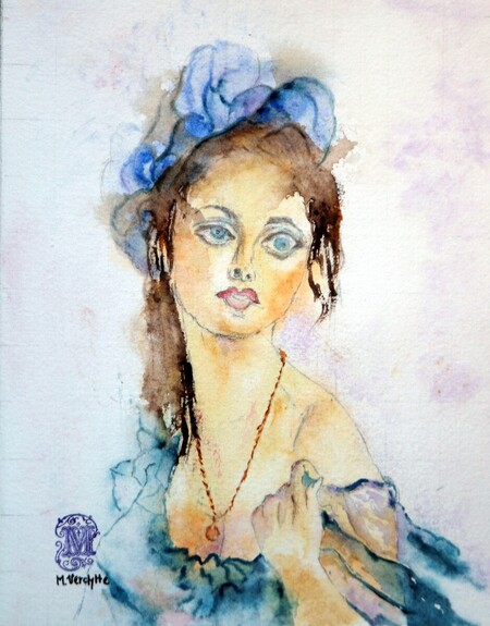 R&eacute;f: A500-Un chapeau bleu-Aquarelle 24x18