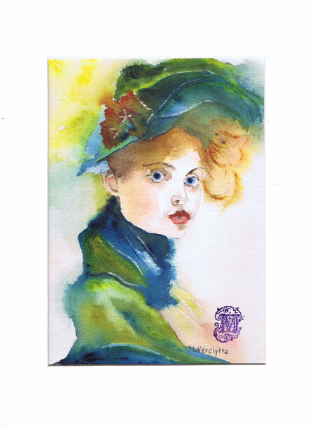 Ref:A521-Chapeau vert-Aquarelle 24x18-Cadre SV:26x20-160�