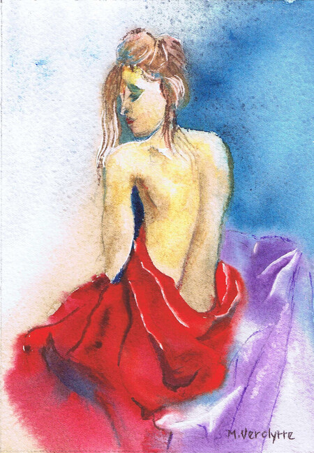 Ref:A522-Des plis rouges-Aquarelle:24x18-Cadre SV26x20-160�
