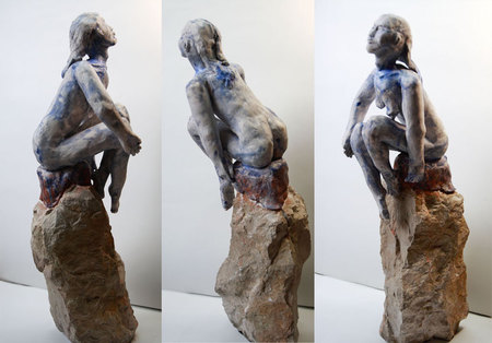 Besoin d'air-Gr&egrave;s &eacute;maill&eacute; sur socle pierre Haut:61cm