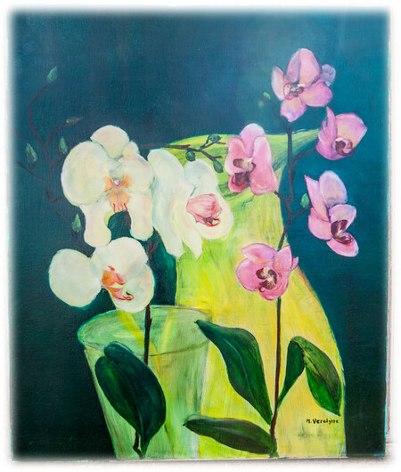 Ref:H215-Orchidées devant un verre-Huile:60x50-300
