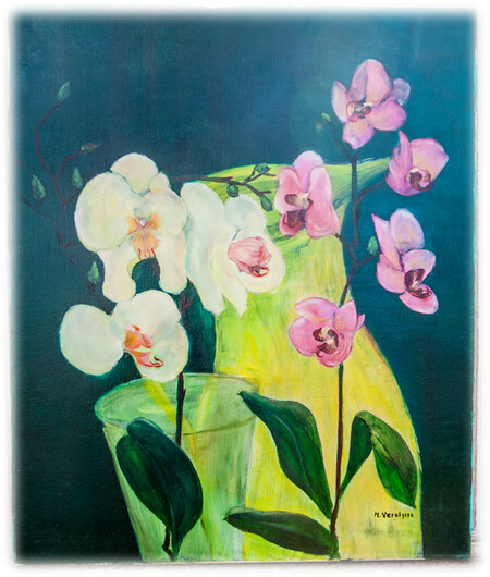 Ref:H215-Orchid&eacute;es devant un verre-Huile:60x50-300�