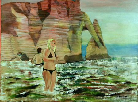 Ref:H417-Baignade &agrave; Etretat-Huile sur toile:60x80-450�