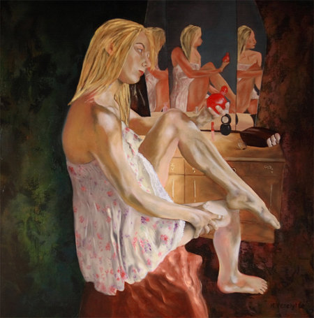 Ref:H420-La jeune fille au miroir-Huile: 100x100-900�