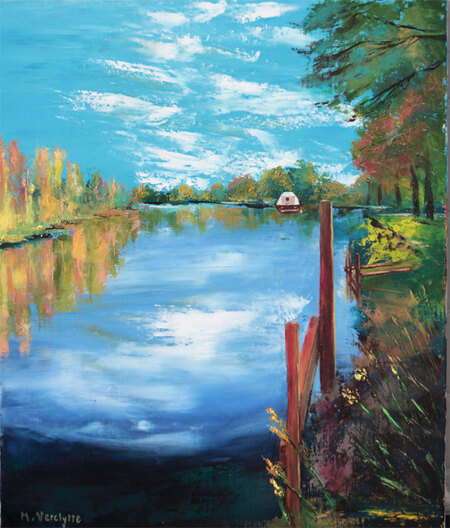 Ref:H453-Berges du Loir-1-Huile sur toile: 55x46-400�