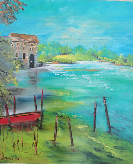 Ref:H454-Berges du Loir-2-Huile sur toile: 55x46-400�