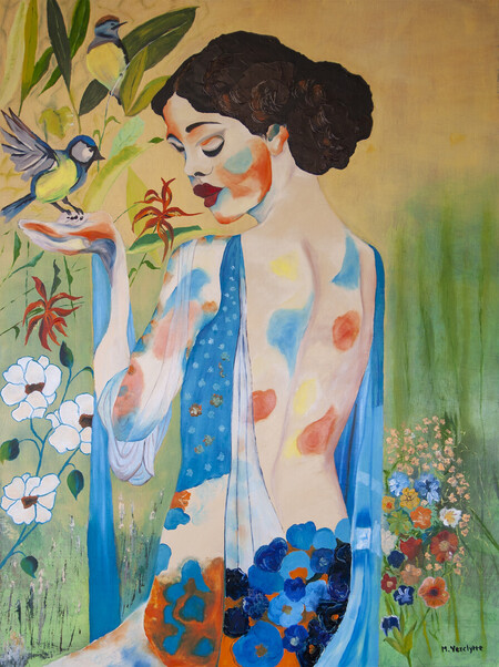 Ref:H559-Amie des oiseaux-Huile sur toile: 80x60-700�