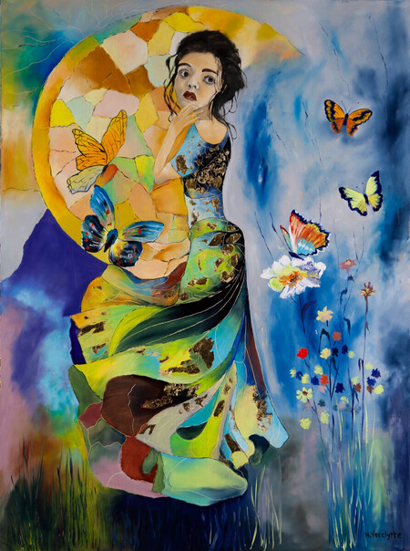 Ref:H560-Amie des papillons-Huile sur toile: 80x60-700�